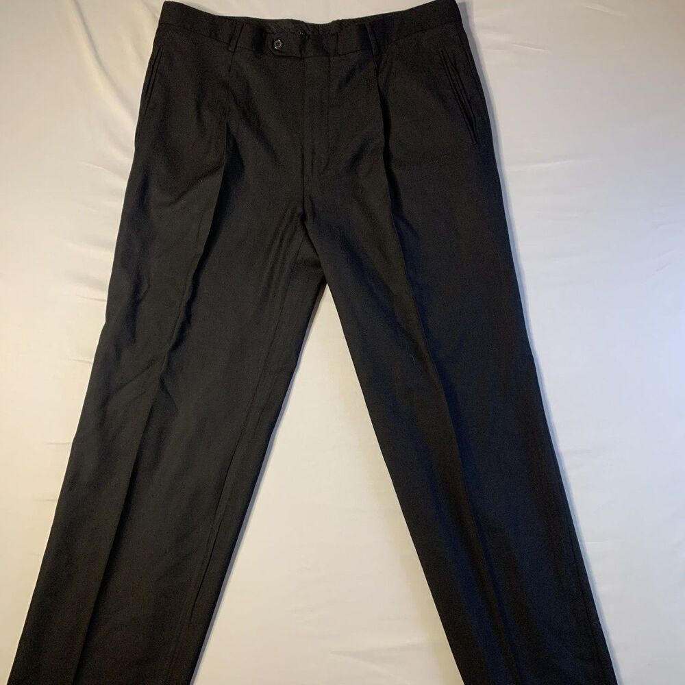 Boss Hugo Wool Pants Mens Size 38 X 33 Black Pleated Cuffed Straight Leg Slacks
